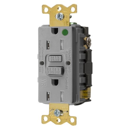 BRYANT GFCI Receptacle, Self Test, Tmpr and Wthr Resistant, 15A 125V, 2-Pole 3- Wire Grndng, 5-15R, Gray GFST82GYTR